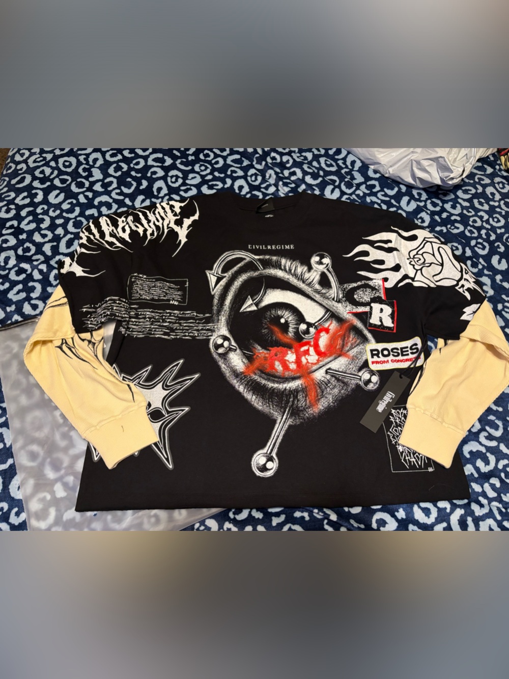 EvilRegime Black Long Sleeve Graphic Tee with Cream Sleeves